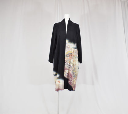 Haori Jacket, Black Tsuzumi Drum and Floral Motifs, Upcycled Kimono Fabric