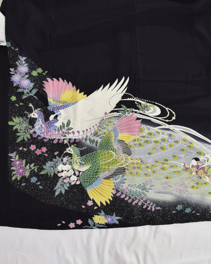 瑞鳥草花文様 留袖ワンピース 黒留袖リメイク 一点物