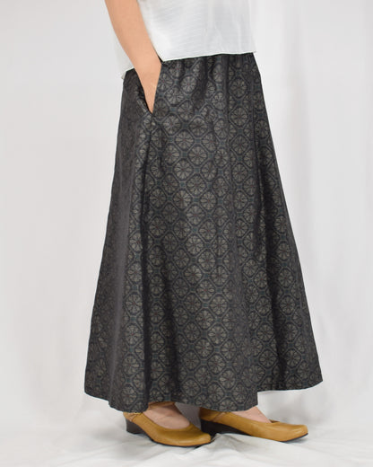 Six-Panel Skirt, Navy Circular Geometric Motif, Upcycled Kimono Fabric
