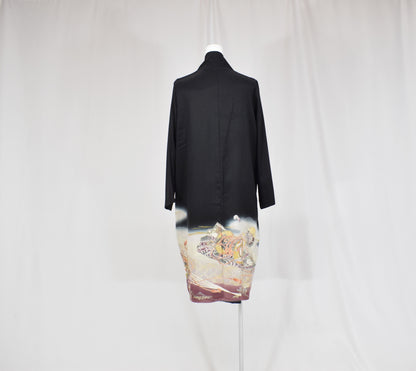 Haori Jacket, Black Tsuzumi Drum and Floral Motifs, Upcycled Kimono Fabric