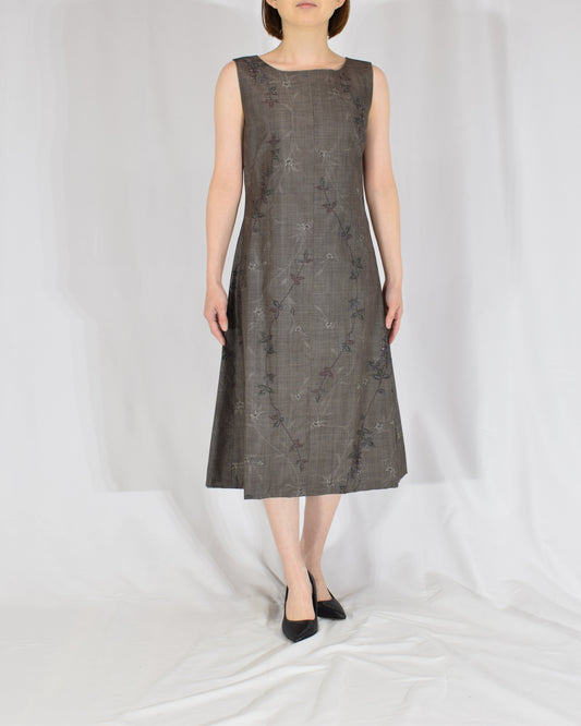 A-Line Sleeveless Dress, Gray Brown Botanical, Upcycled Kimono Fabric