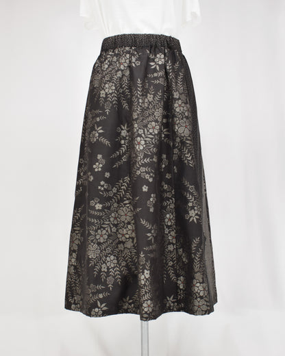 Six-Panel Skirt, Black Floral Motif, Upcycled Kimono Fabric