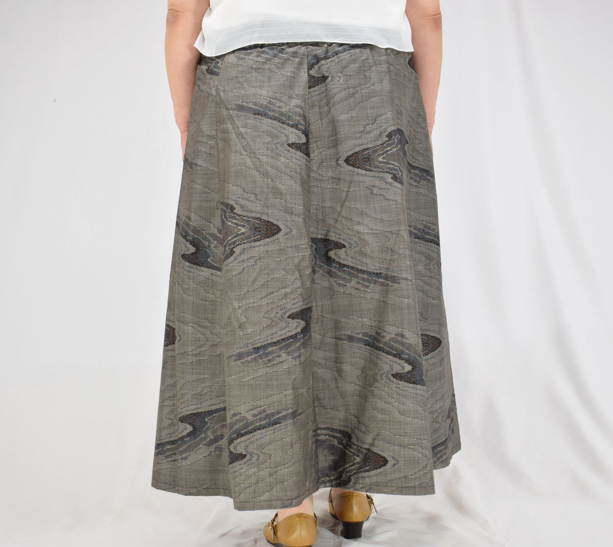 Eight-Panel Skirt, Gray Flowing Water Motif, Upcycled Kimono Fabric