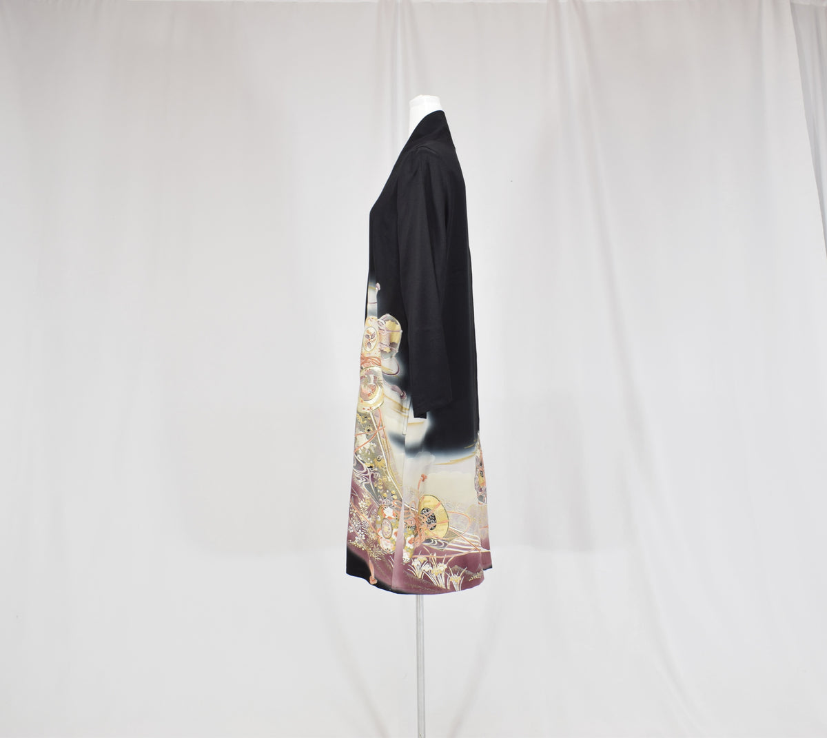 Haori Jacket, Black Tsuzumi Drum and Floral Motifs, Upcycled Kimono Fabric