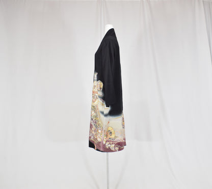 Haori Jacket, Black Tsuzumi Drum and Floral Motifs, Upcycled Kimono Fabric