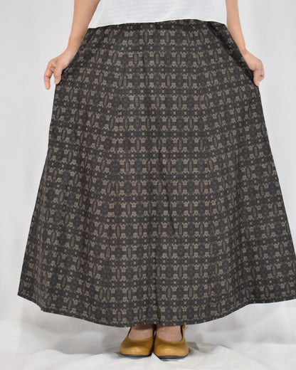 Six-Panel Skirt, Dark Brown Geometric Motif, Upcycled Kimono Fabric