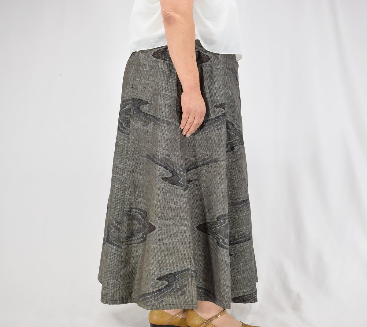 Eight-Panel Skirt, Gray Flowing Water Motif, Upcycled Kimono Fabric