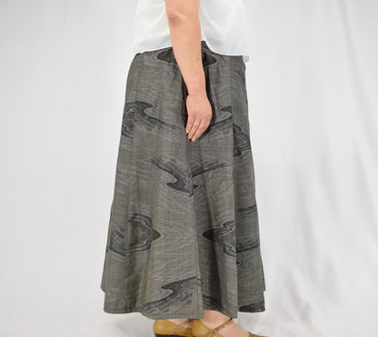 Eight-Panel Skirt, Gray Flowing Water Motif, Upcycled Kimono Fabric