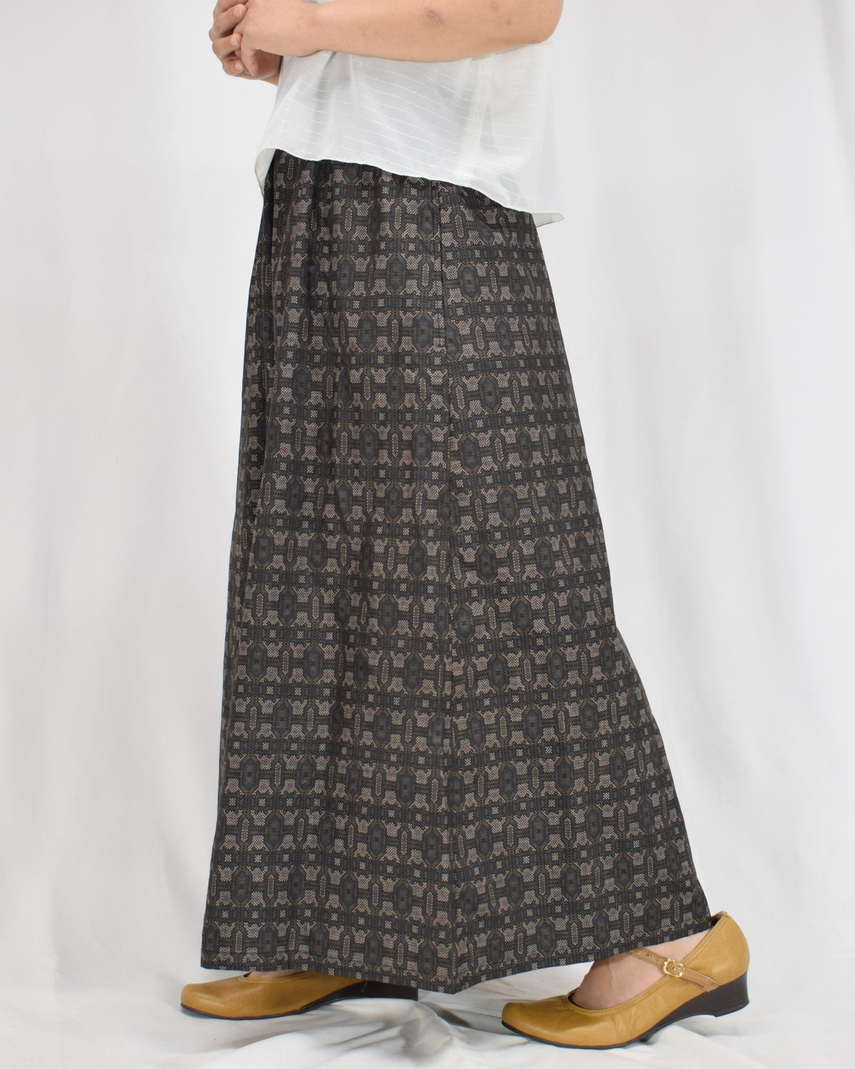 Six-Panel Skirt, Dark Brown Geometric Motif, Upcycled Kimono Fabric