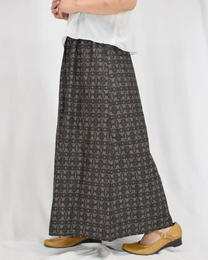 Six-Panel Skirt, Dark Brown Geometric Motif, Upcycled Kimono Fabric