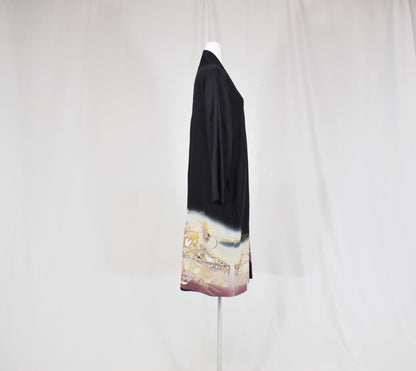 Haori Jacket, Black Tsuzumi Drum and Floral Motifs, Upcycled Kimono Fabric