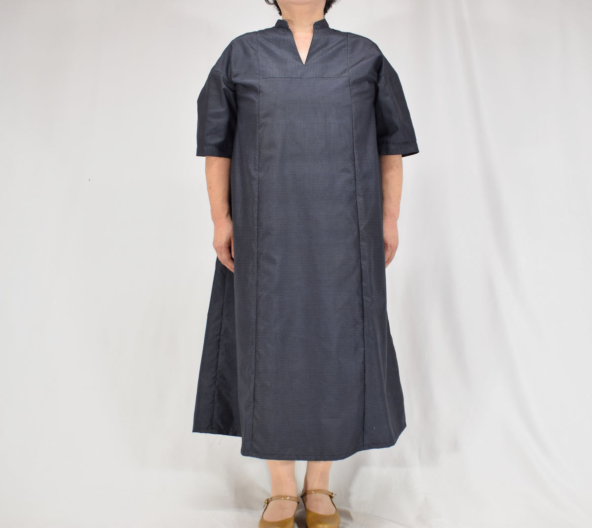 Split-Neck Long Dress, Navy Fine Stripe Motif, Upcycled Kimono Fabric