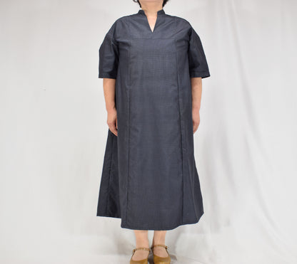 Split-Neck Long Dress, Navy Fine Stripe Motif, Upcycled Kimono Fabric