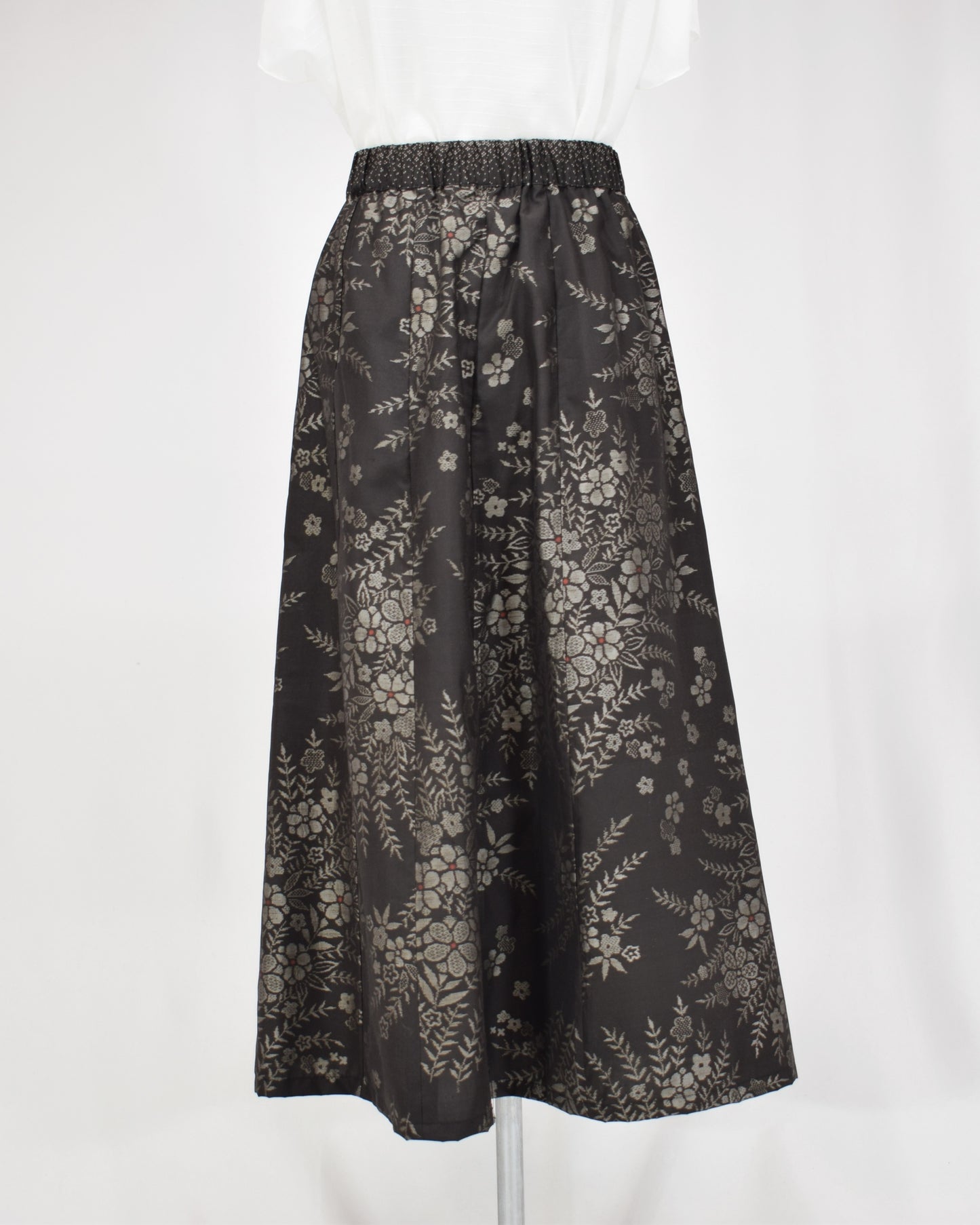 Six-Panel Skirt, Black Floral Motif, Upcycled Kimono Fabric
