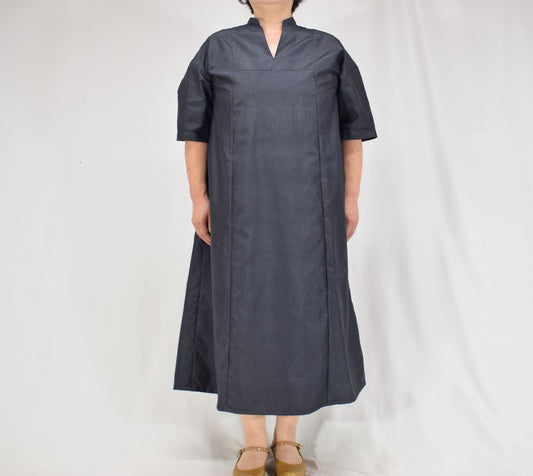 Split-Neck Long Dress, Navy Fine Geometric Motif, Upcycled Kimono Fabric