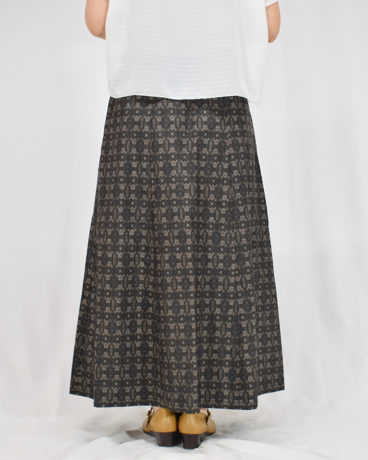 Six-Panel Skirt, Dark Brown Geometric Motif, Upcycled Kimono Fabric
