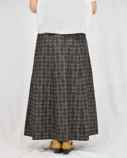 Six-Panel Skirt, Dark Brown Geometric Motif, Upcycled Kimono Fabric