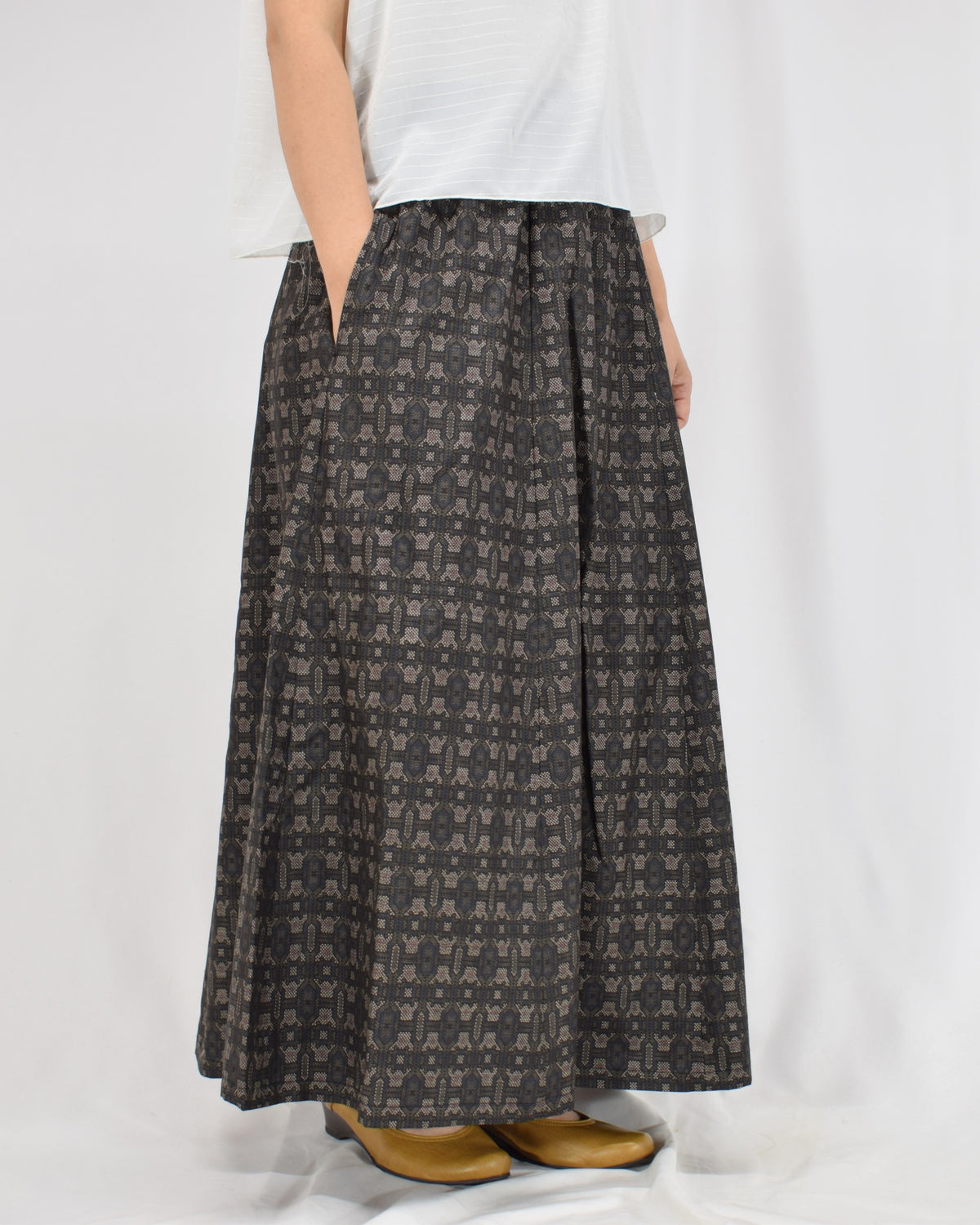 Six-Panel Skirt, Dark Brown Geometric Motif, Upcycled Kimono Fabric