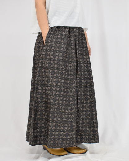 Six-Panel Skirt, Dark Brown Geometric Motif, Upcycled Kimono Fabric