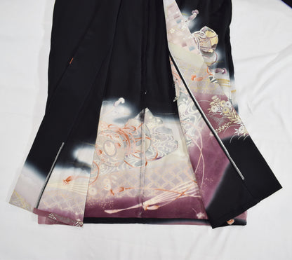 Haori Jacket, Black Tsuzumi Drum and Floral Motifs, Upcycled Kimono Fabric