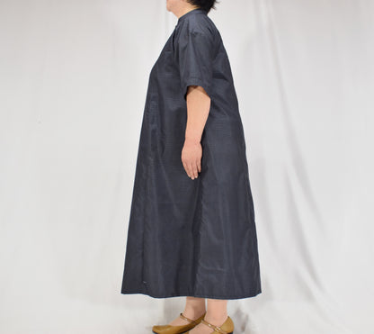 Split-Neck Long Dress, Navy Fine Stripe Motif, Upcycled Kimono Fabric