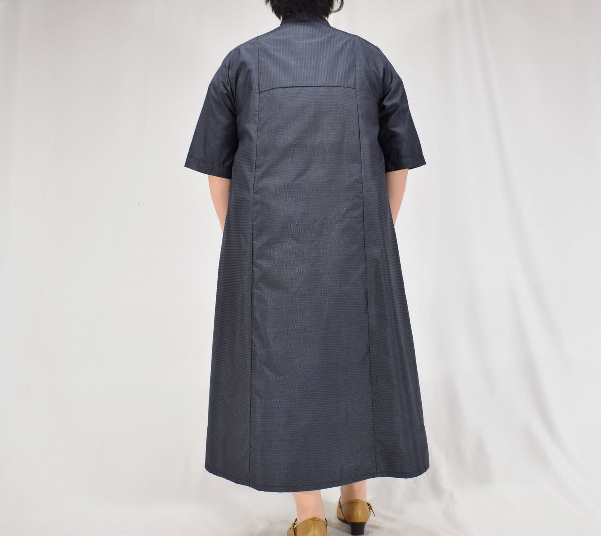 Split-Neck Long Dress, Navy Fine Stripe Motif, Upcycled Kimono Fabric