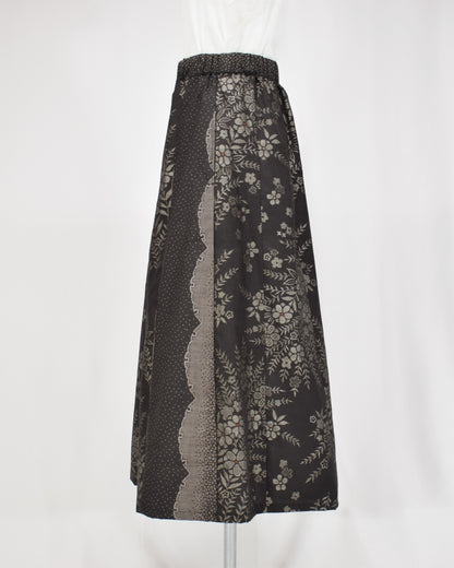 Six-Panel Skirt, Black Floral Motif, Upcycled Kimono Fabric