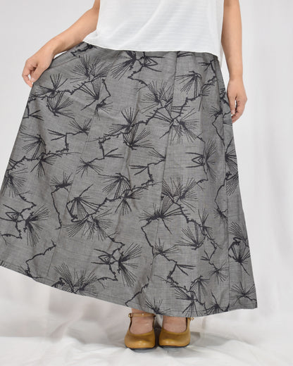 Seven-Panel Skirt, Gray Pine Motif, Upcycled Kimono Fabric