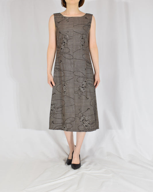 A-Line Sleeveless Dress, Gray Brown Abstract Floral, Upcycled Kimono Fabric