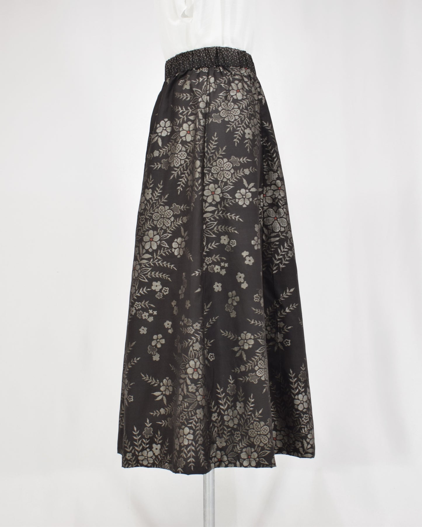 Six-Panel Skirt, Black Floral Motif, Upcycled Kimono Fabric