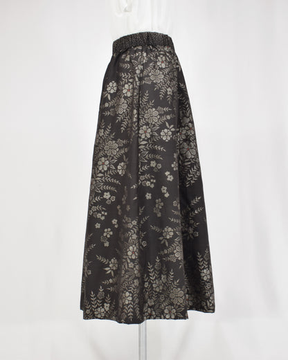 Six-Panel Skirt, Black Floral Motif, Upcycled Kimono Fabric