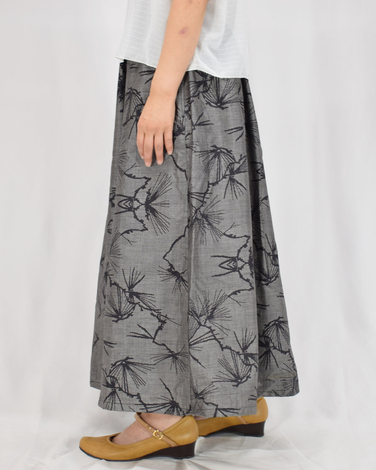 Seven-Panel Skirt, Gray Pine Motif, Upcycled Kimono Fabric
