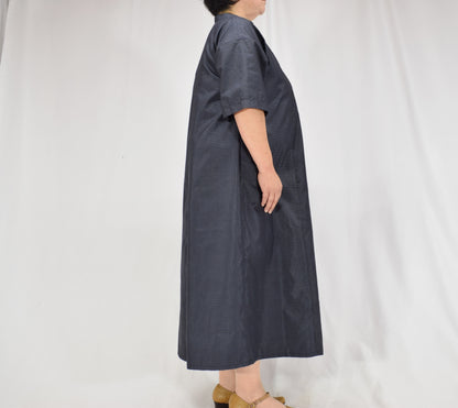 Split-Neck Long Dress, Navy Fine Stripe Motif, Upcycled Kimono Fabric