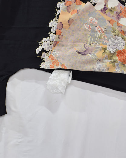色紙草花文様 留袖ワンピース 黒留袖リメイク 一点物