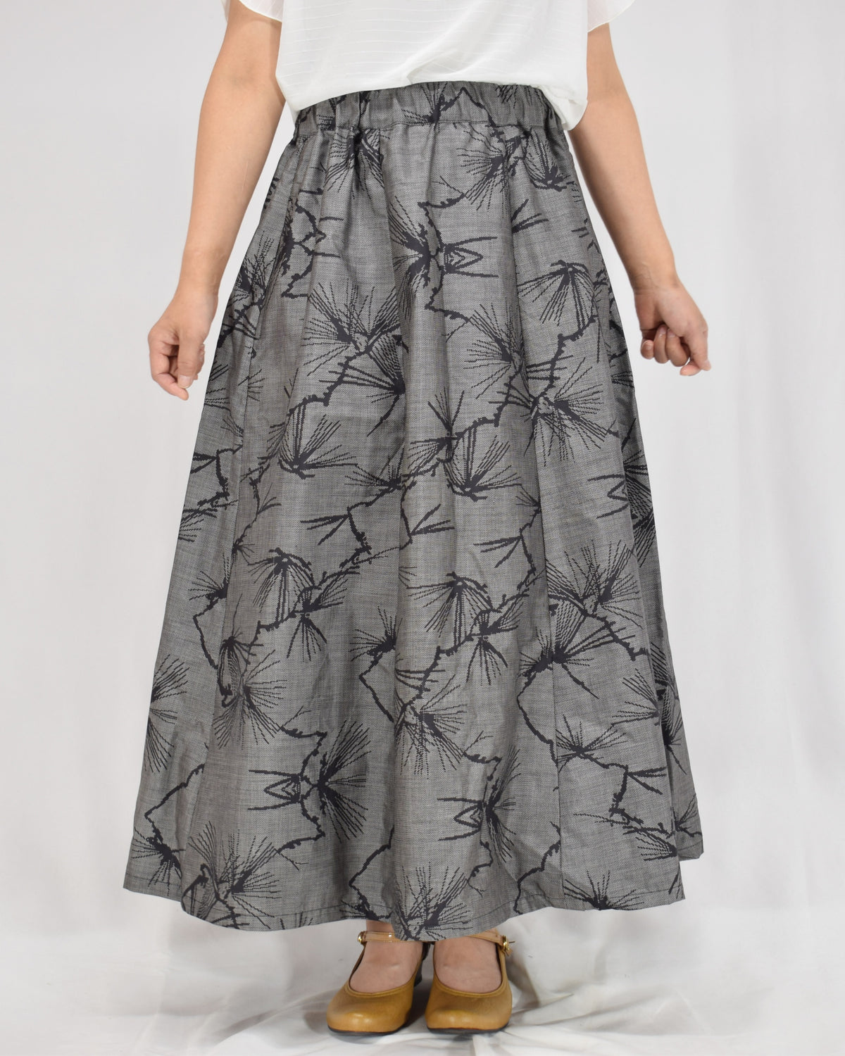 Seven-Panel Skirt, Gray Pine Motif, Upcycled Kimono Fabric