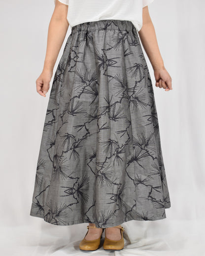 Seven-Panel Skirt, Gray Pine Motif, Upcycled Kimono Fabric