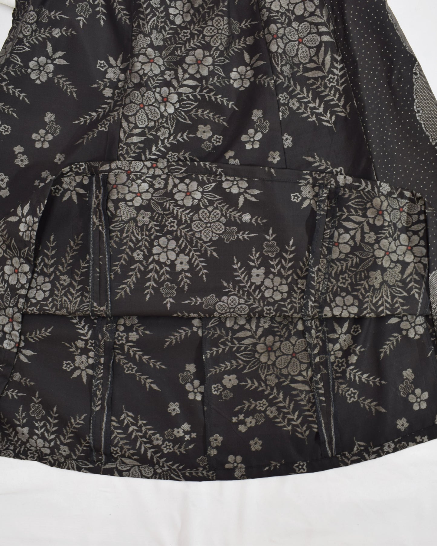 Six-Panel Skirt, Black Floral Motif, Upcycled Kimono Fabric