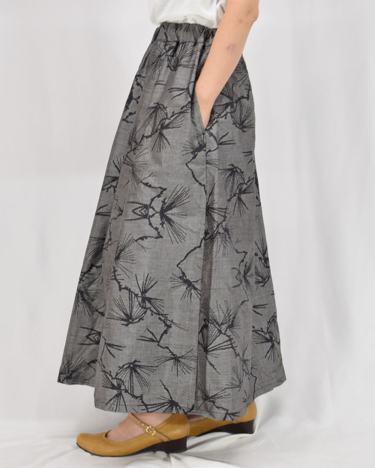 Seven-Panel Skirt, Gray Pine Motif, Upcycled Kimono Fabric