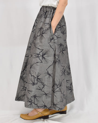 Seven-Panel Skirt, Gray Pine Motif, Upcycled Kimono Fabric
