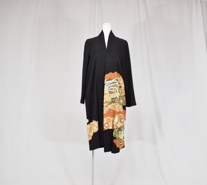 Haori Jacket, Black Crane, Cloud and Floral Motifs, Upcycled Kimono Fabric