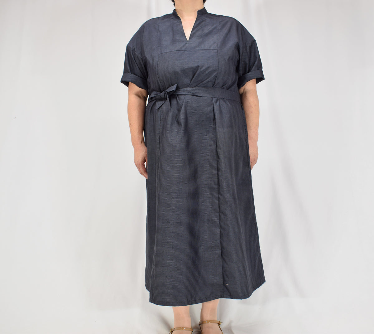 Split-Neck Long Dress, Navy Fine Stripe Motif, Upcycled Kimono Fabric