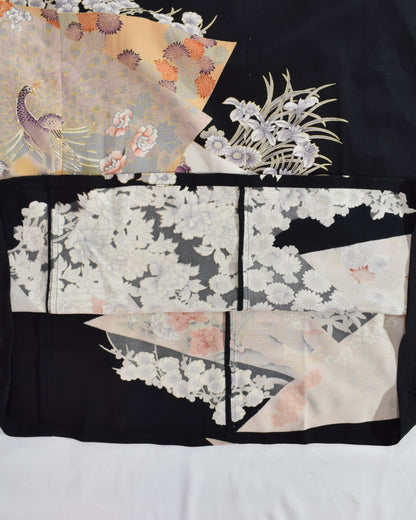色紙草花文様 留袖ワンピース 黒留袖リメイク 一点物
