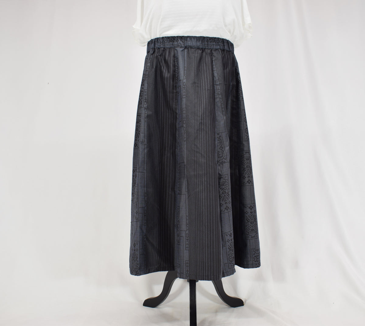 Eight-Panel Skirt, Navy Stripe and Geometric Motifs, Upcycled Kimono Fabric