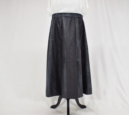 Eight-Panel Skirt, Navy Stripe and Geometric Motifs, Upcycled Kimono Fabric