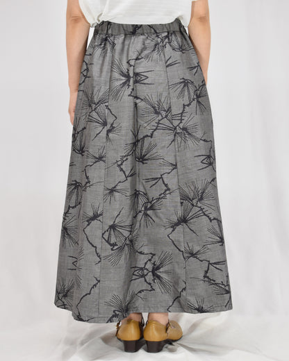 Seven-Panel Skirt, Gray Pine Motif, Upcycled Kimono Fabric