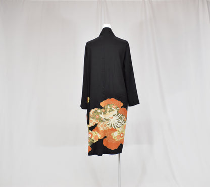 Haori Jacket, Black Crane, Cloud and Floral Motifs, Upcycled Kimono Fabric