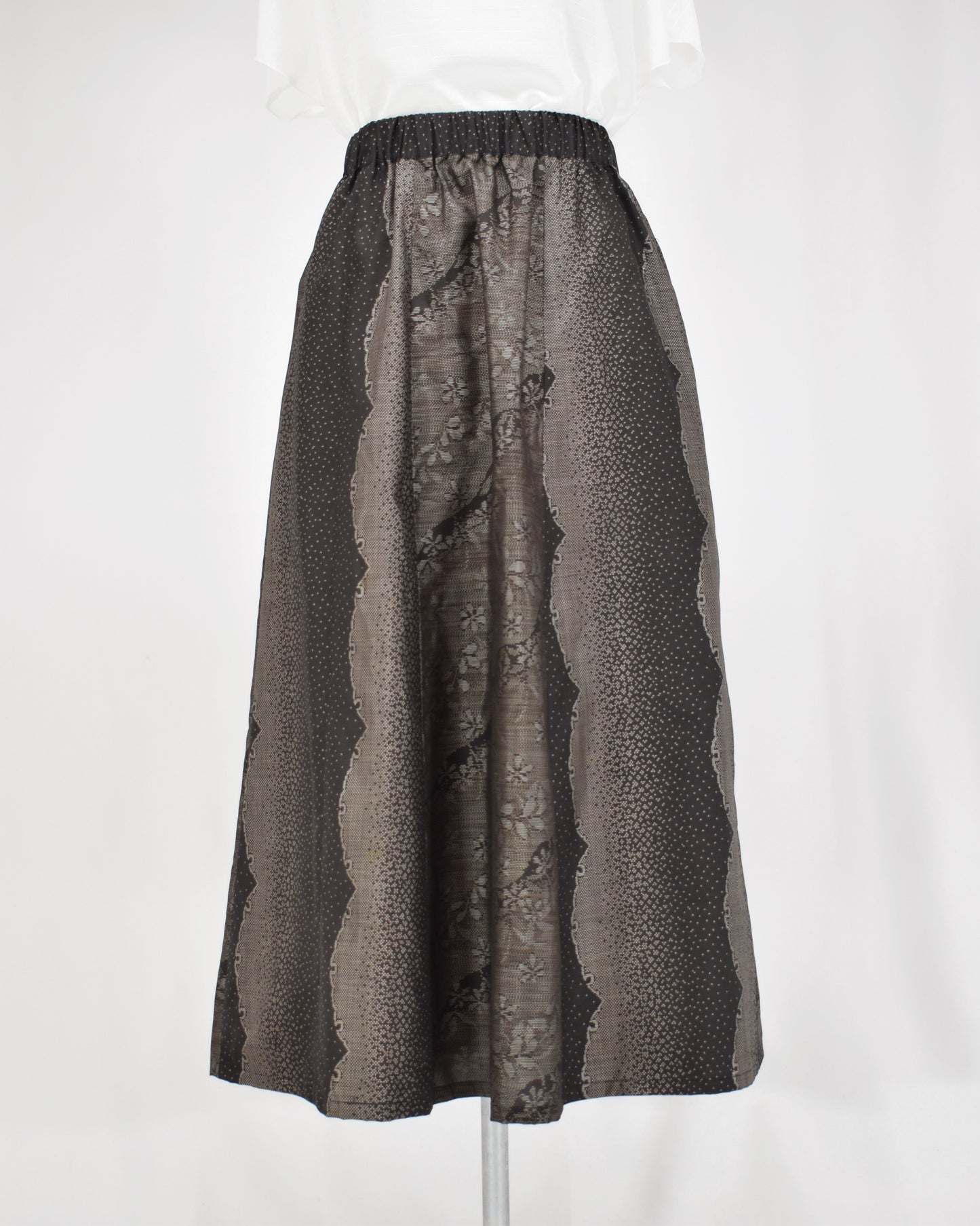 Six-Panel Skirt, Black and Gray Geometric and Botanical Motif, Upcycled Kimono Fabric