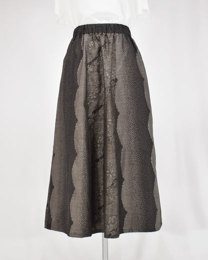 Six-Panel Skirt, Black and Gray Geometric and Botanical Motif, Upcycled Kimono Fabric