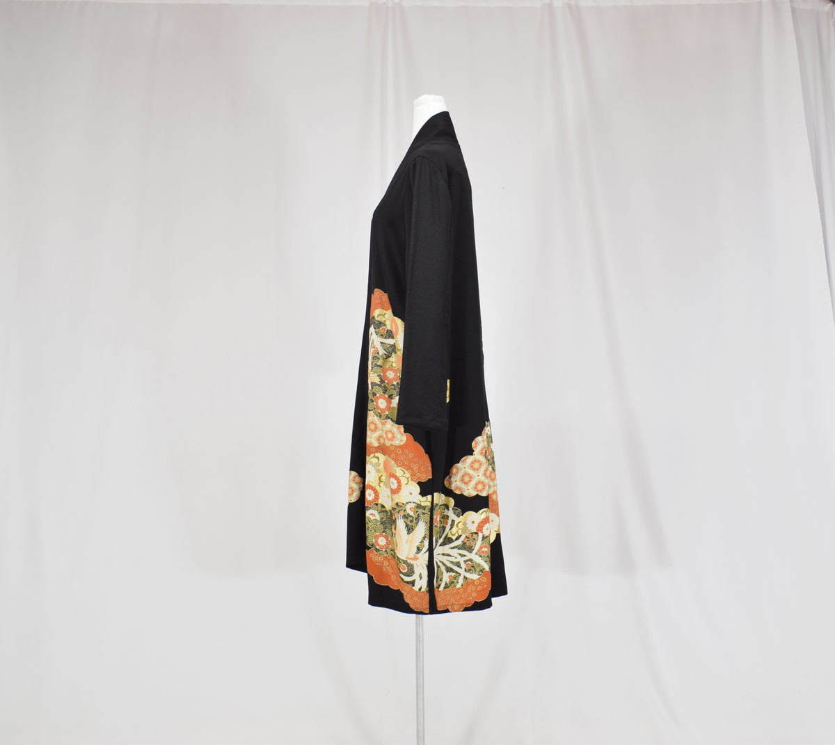 Haori Jacket, Black Crane, Cloud and Floral Motifs, Upcycled Kimono Fabric