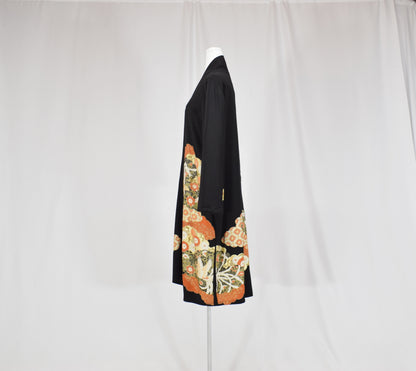 Haori Jacket, Black Crane, Cloud and Floral Motifs, Upcycled Kimono Fabric